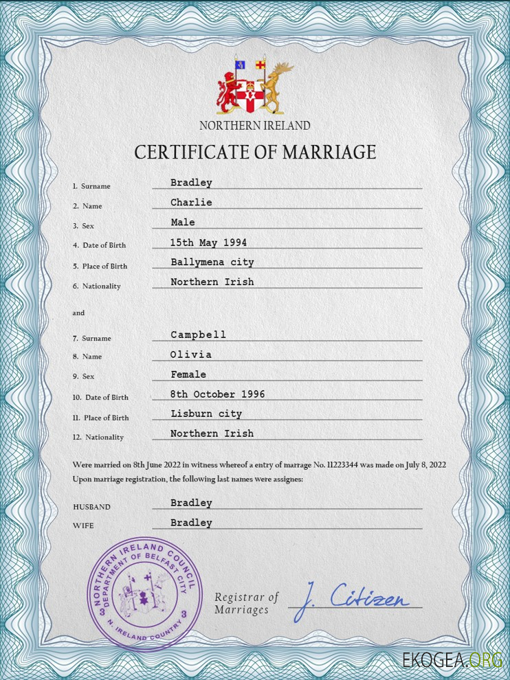 Modèle PSD de certificat de mariage d'Irlande du Nord